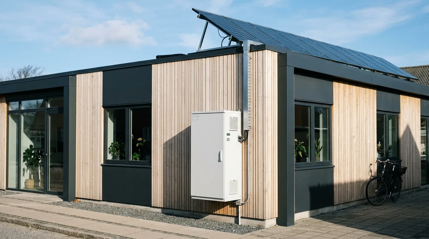 Mindre vægmonteret batterikabinet ved moderne dansk SMV-bygning