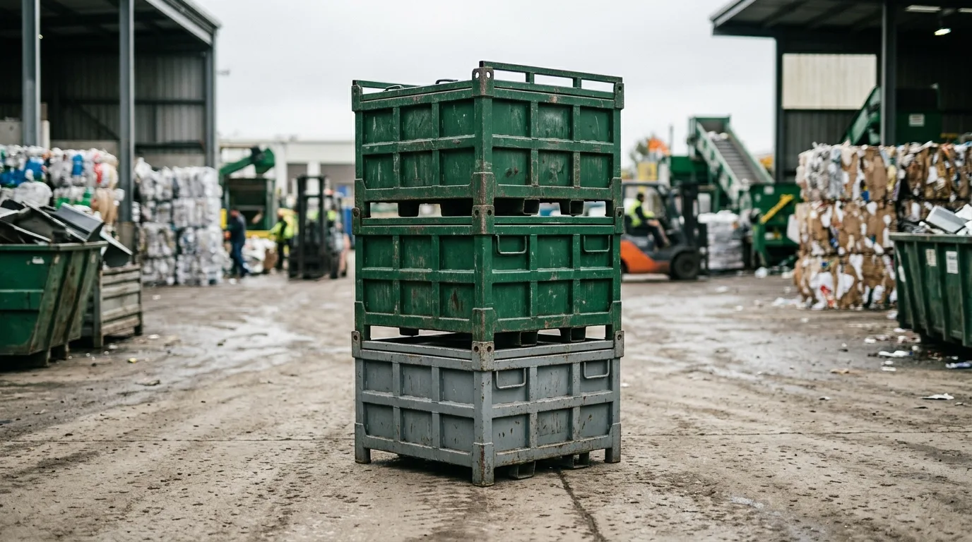 Stak af mærkede metalcontainere ved en dansk genbrugsstation i dagslys