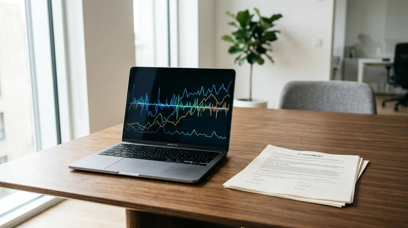 Mødelokale med kontrakt og laptop med batteri-data på skærm