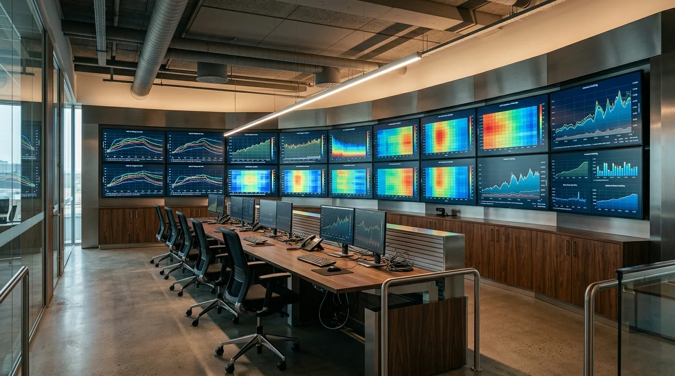 Skærmvæg med multiple dashboards der viser SoC, temperatur og indtjening