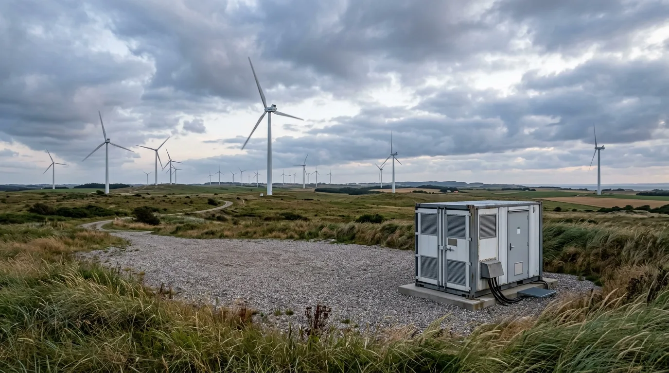 Vindmøllepark med batterilager-kontainer i forgrunden under blæsende vejr