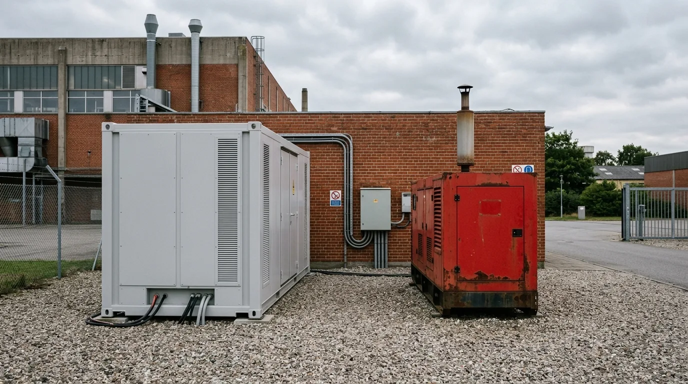 Industrial battery container ved siden af gammel dieselgenerator i dansk virksomhedshave