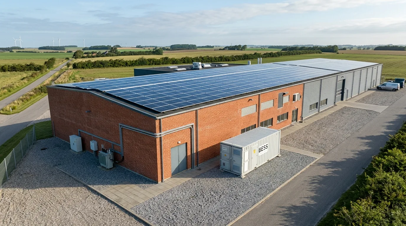 Stort dansk produktionsanlæg med solceller på taget og batteri-container ved siden af