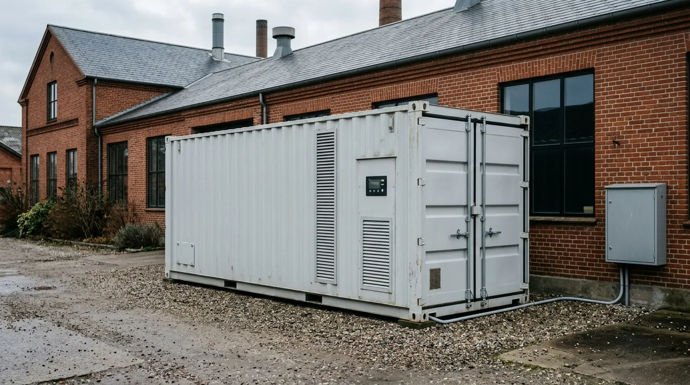 Lukket batteri-container ved dansk virksomhed med rolig morgenlys og elskab i baggrunden