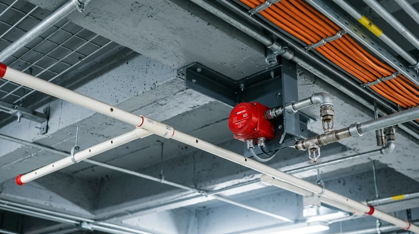 Røggas-detektor og sprinklerdyser i loftet på batteri-container interiør