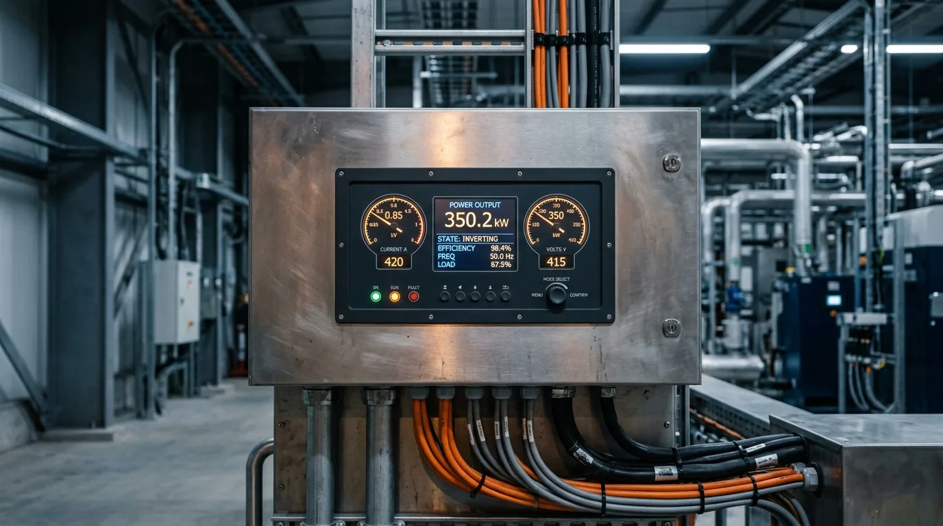 Inverter-display der viser realtid C-rate og afladningseffekt i kW