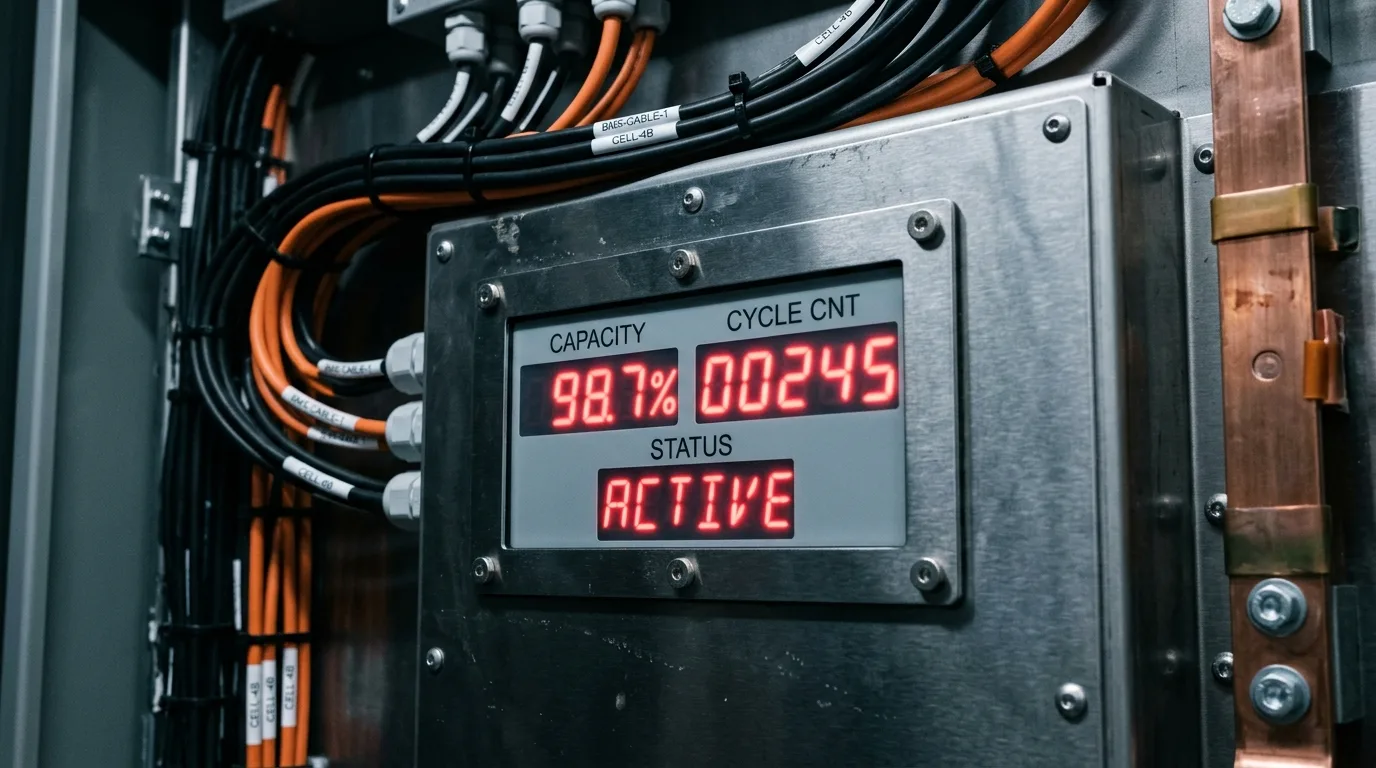 Tæt-på af BMS-display med kapacitets-procent og cyklus-tæller på dansk batterilager