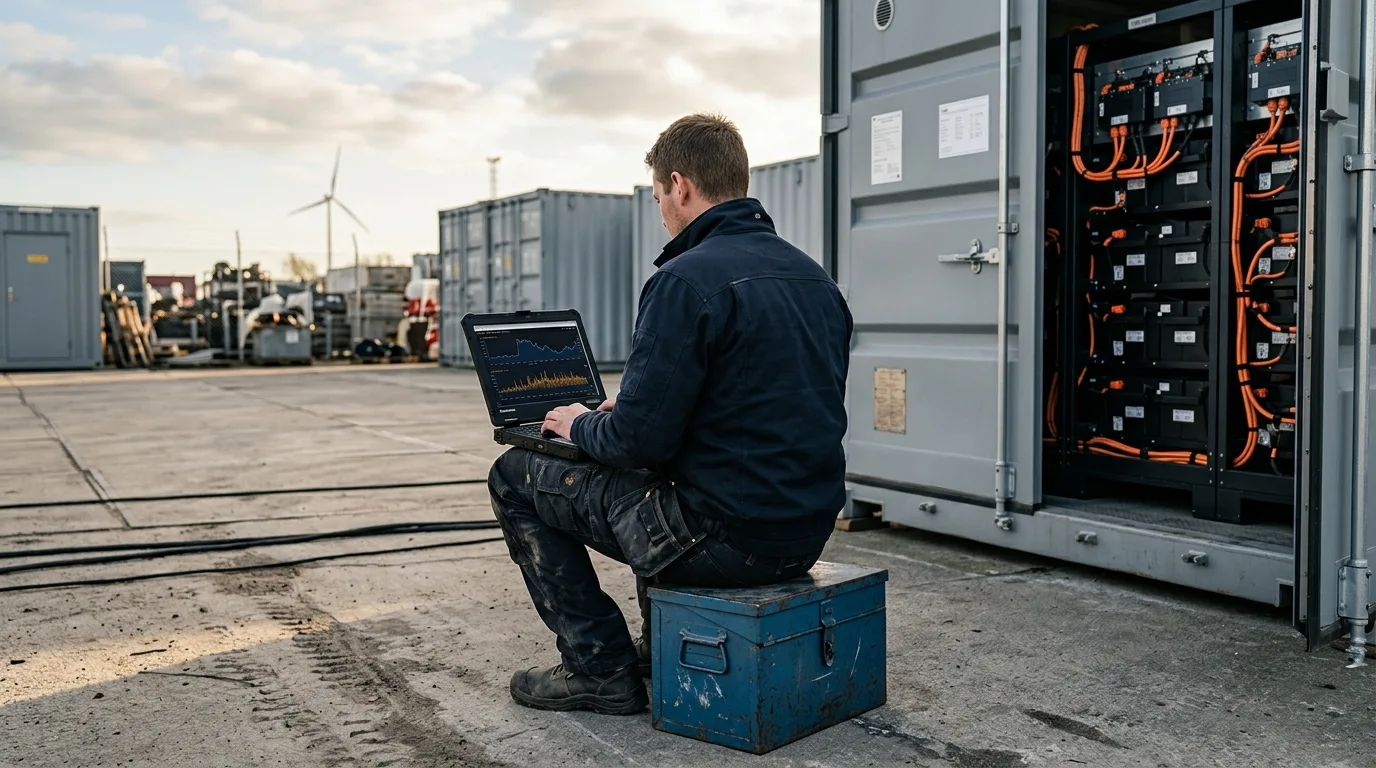 Tekniker analyserer kvarter-data på laptop foran åben batteri-container