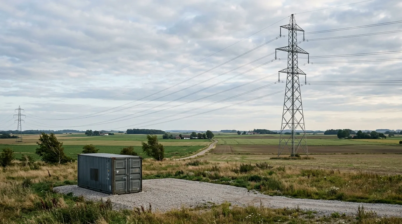 Dansk transmissionsmast med batterilager-kontainer på græsmark