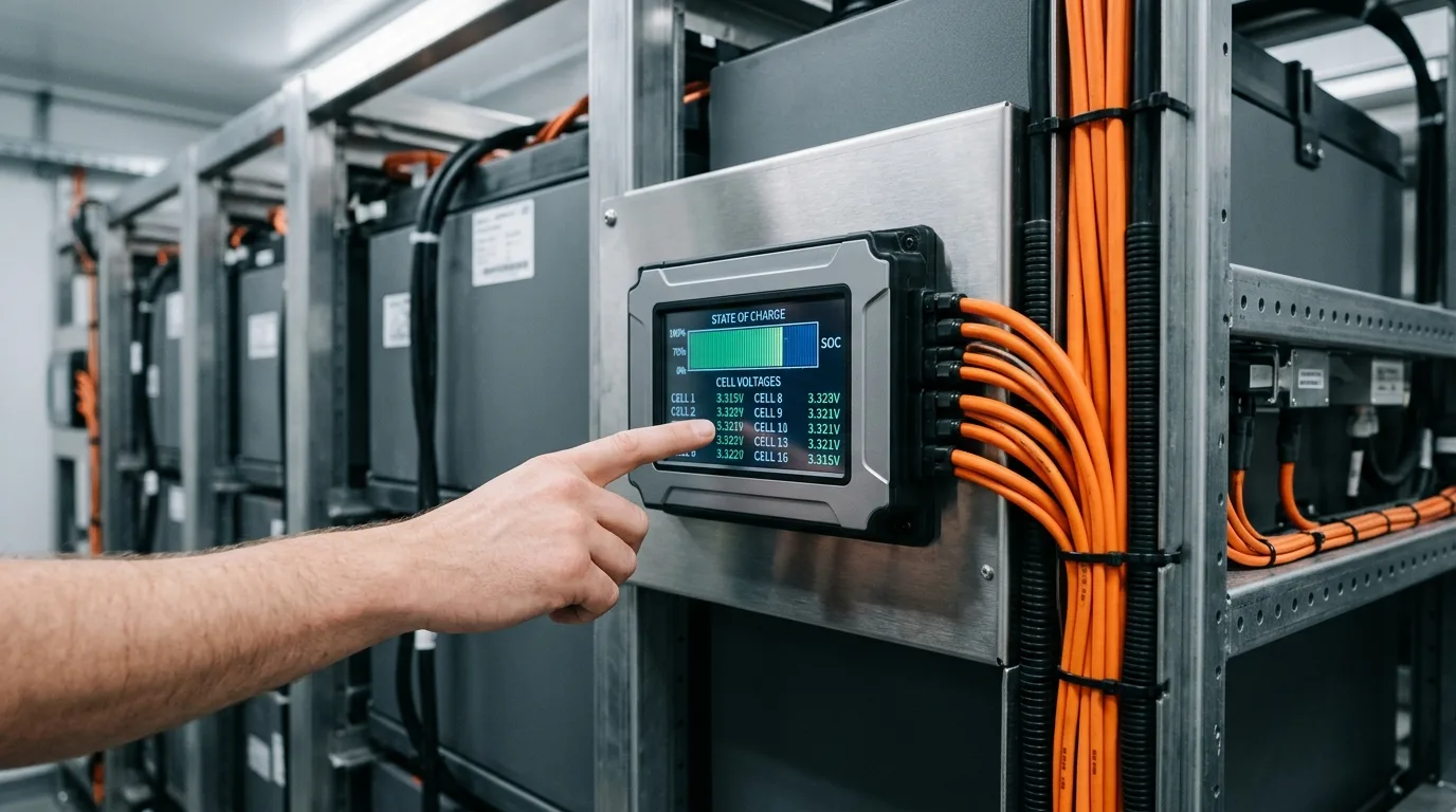 Tekniker tjekker SoC-aflæsning på BMS-skærm i åbent batterirack