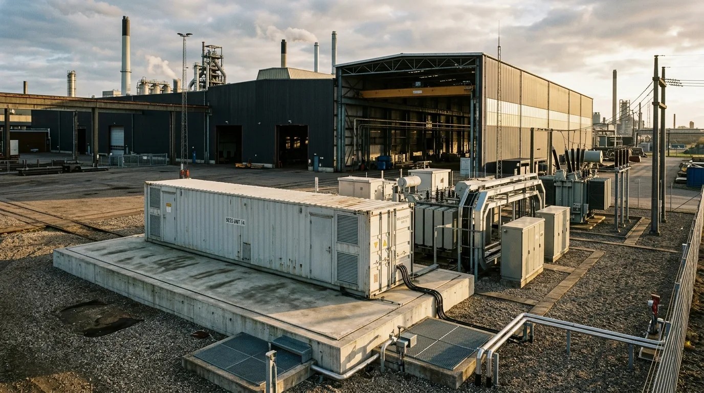 Stor 40-fods industri-batteri-container ved tung dansk produktionsvirksomhed