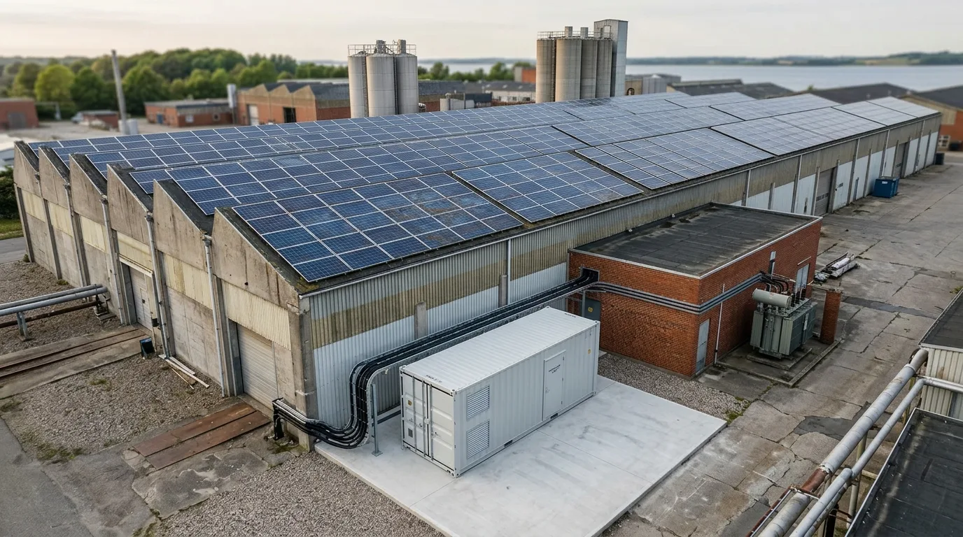 Eksisterende solcelle-anlæg på dansk industri-tag med ny batteri-container ved ydervæg