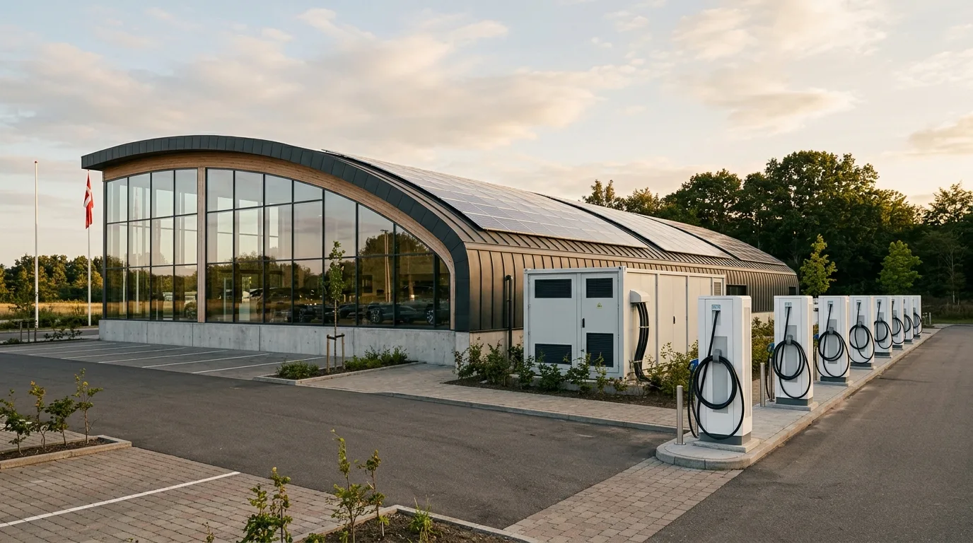 Moderne dansk bilforhandler med række hurtigladestandere og batteri-container ved bagside
