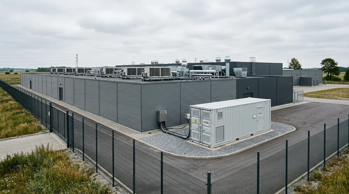Moderne dansk datacenter med kølesystemer på taget og batteri-container ved siden