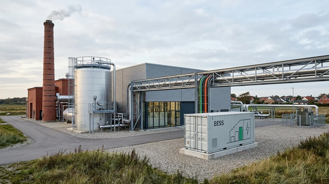 Dansk fjernvarmecentral med skorsten, fjernvarmebeholder og batteri-container ved siden