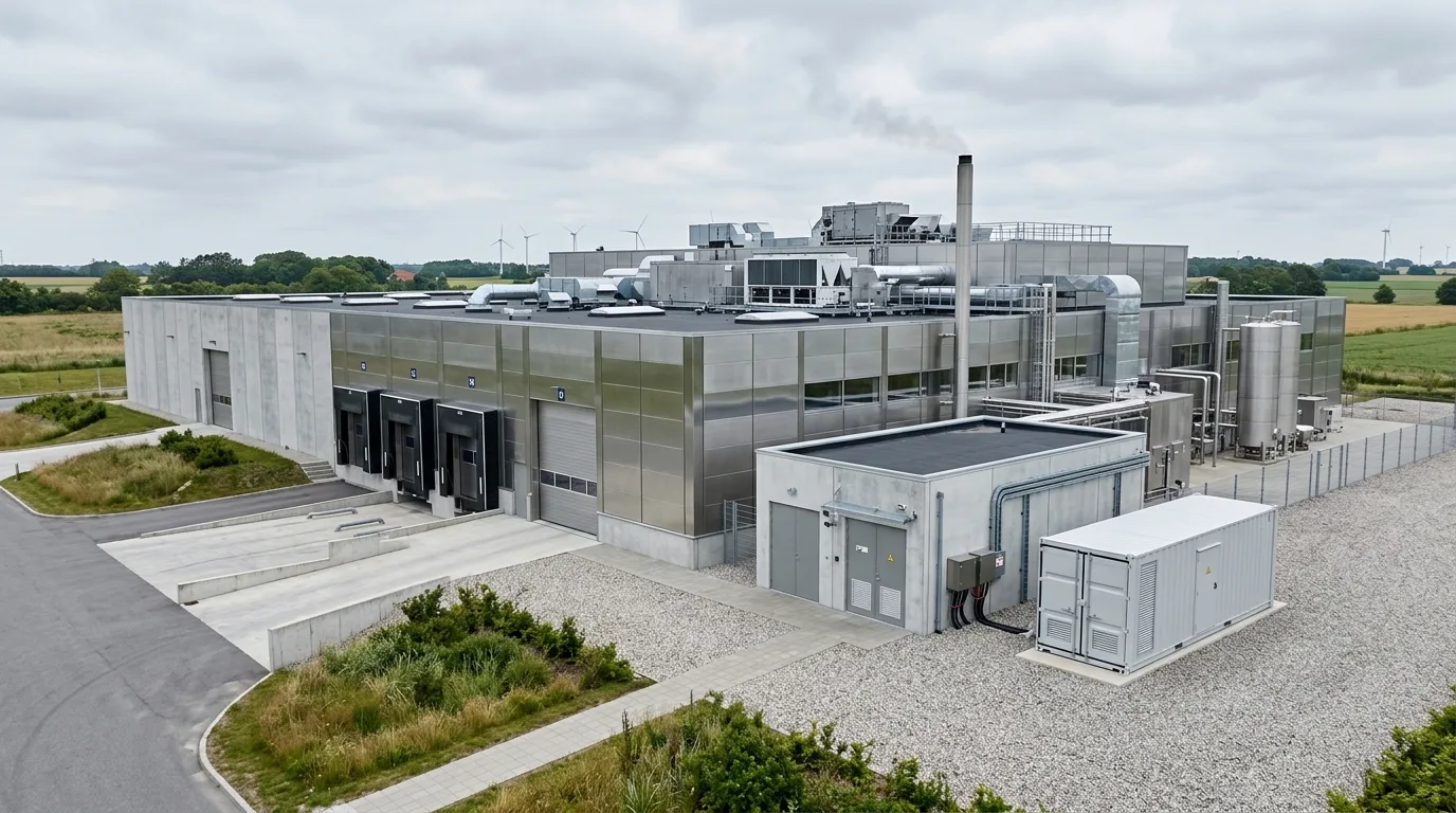 Moderne dansk fødevarefabrik med rustfri stål og batteri-container ved siden