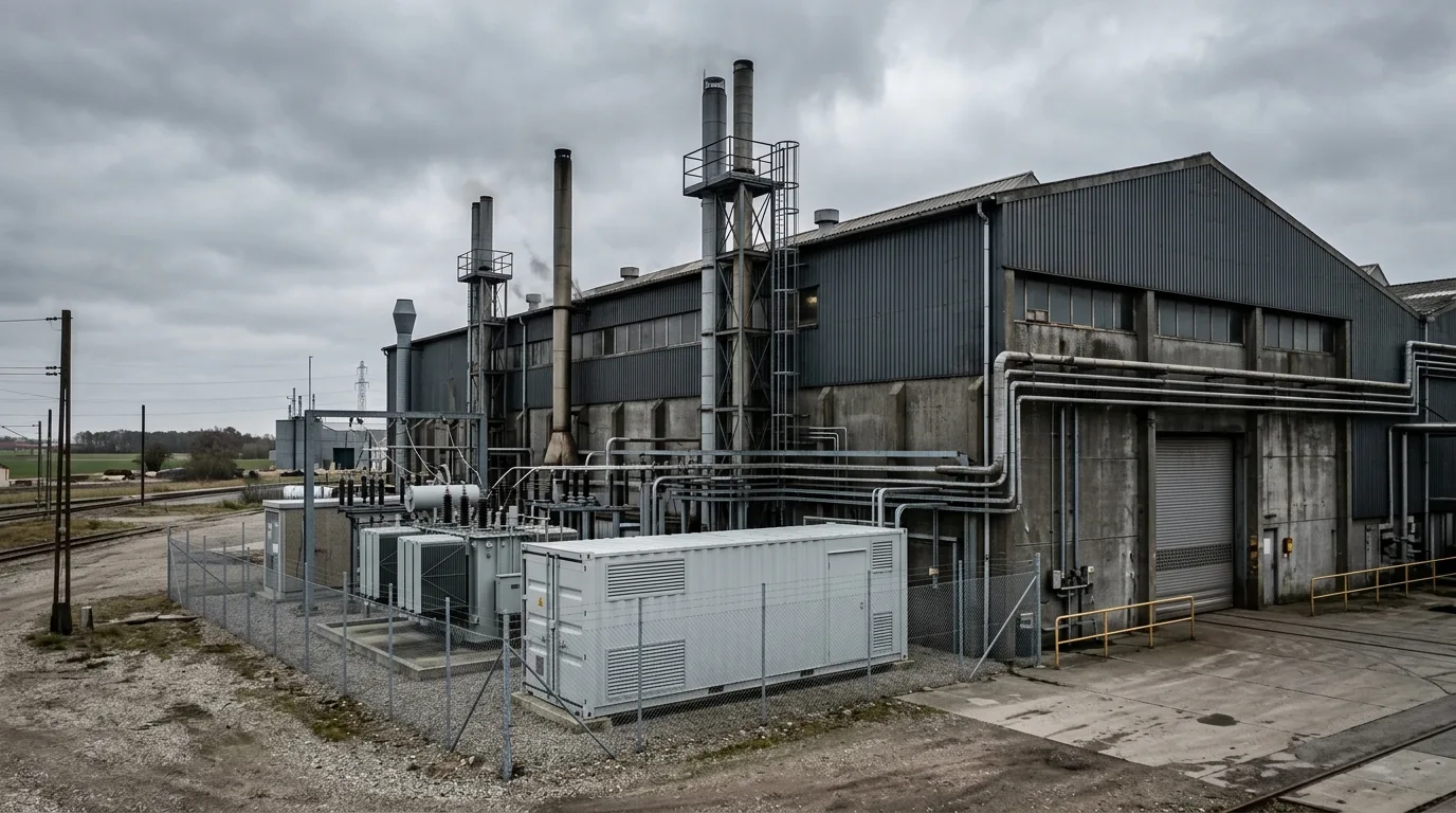Dansk galvaniseringsvirksomhed med stor industrihal og batteri-container ved transformerstation