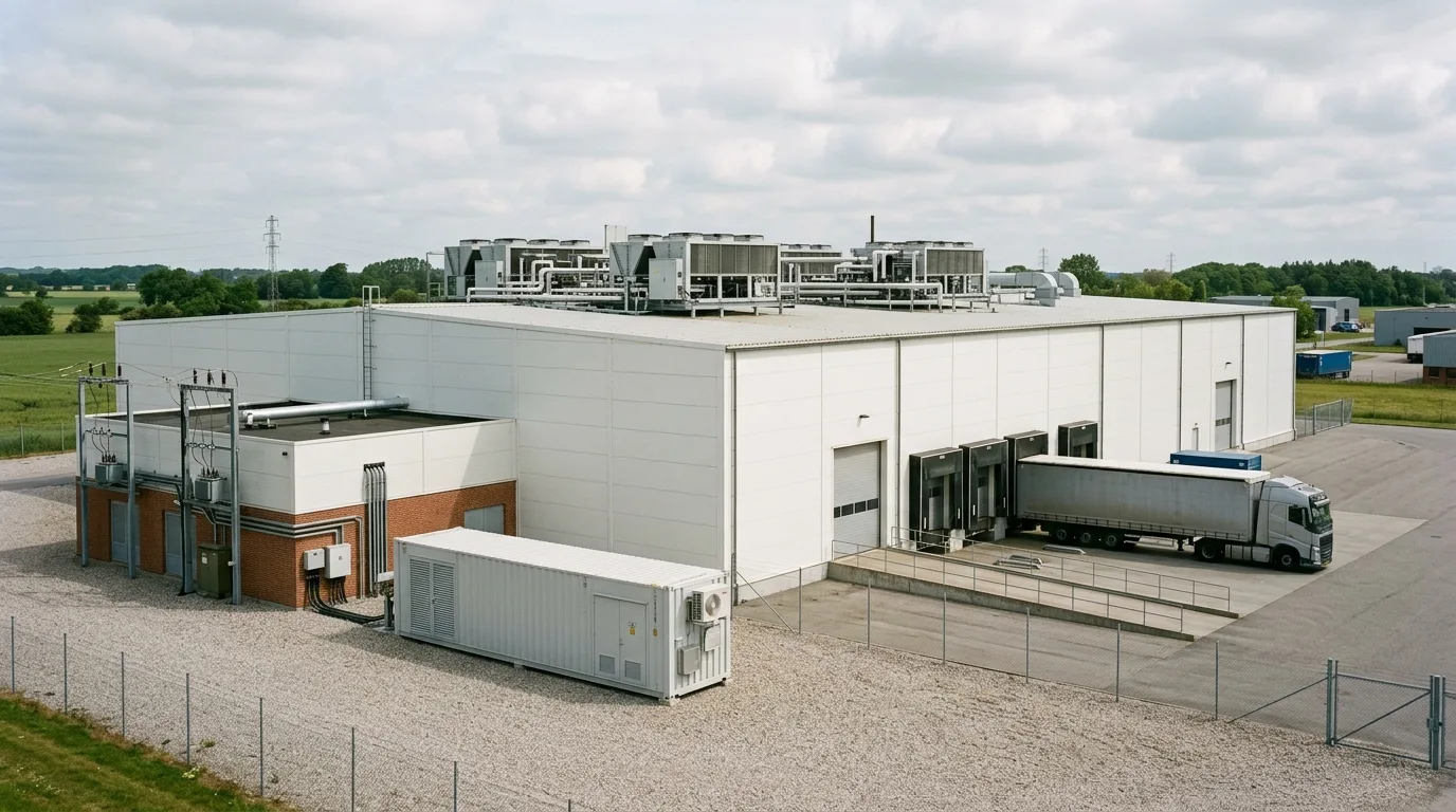 Stort dansk kølehus med kølecondenser på taget og batteri-container ved siden