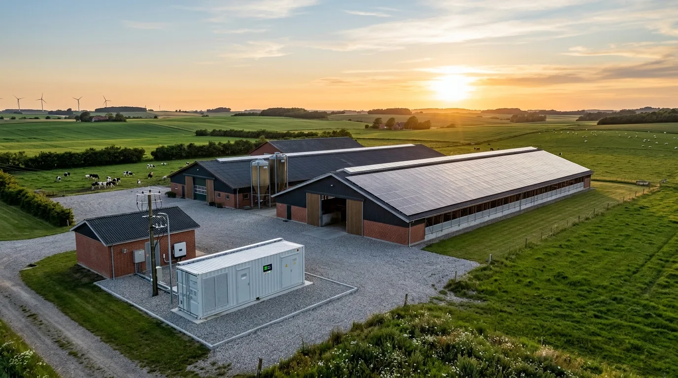 Dansk landbrug med solcelletag og batteri-container ved staldbygning