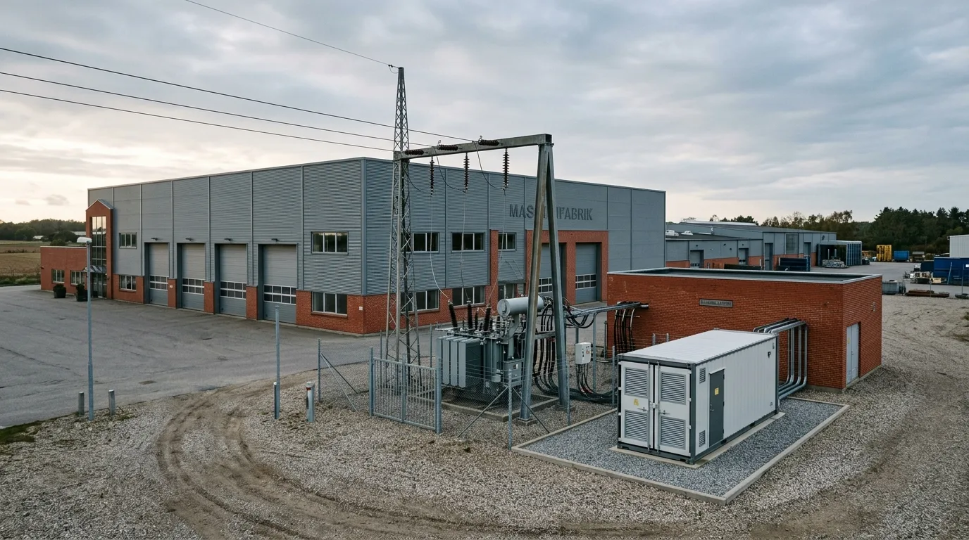 Stort dansk produktionsanlæg med transformerstation og batteri-container ved siden