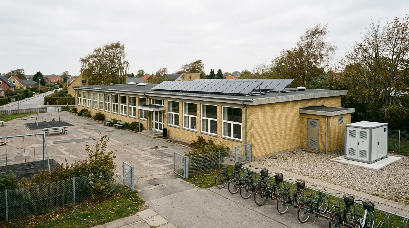 Dansk folkeskole med solceller på taget og batteri-container ved teknikrum