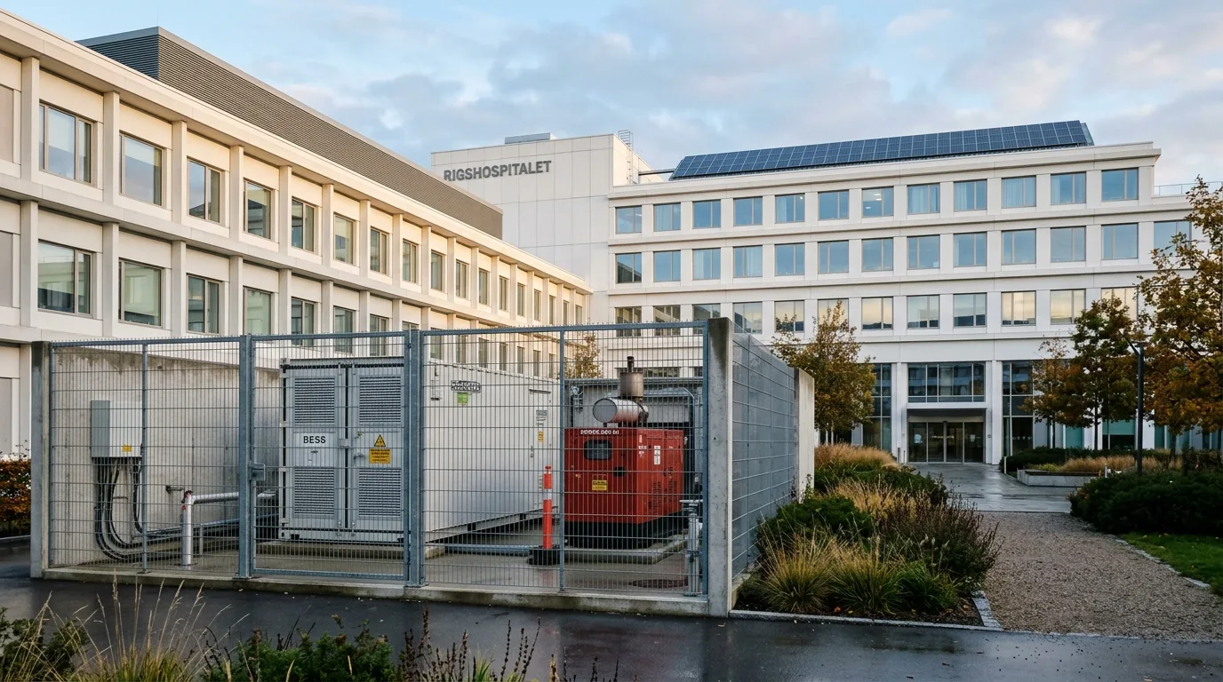 Moderne dansk hospital med teknikbygning og batteri-container ved siden af generator