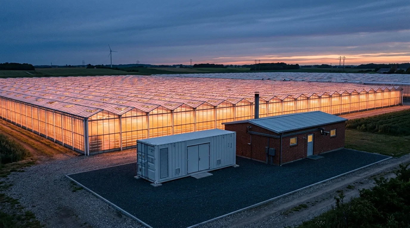 Dansk væksthus om aftenen med tændte natriumlamper og batteri-container ved teknikrum
