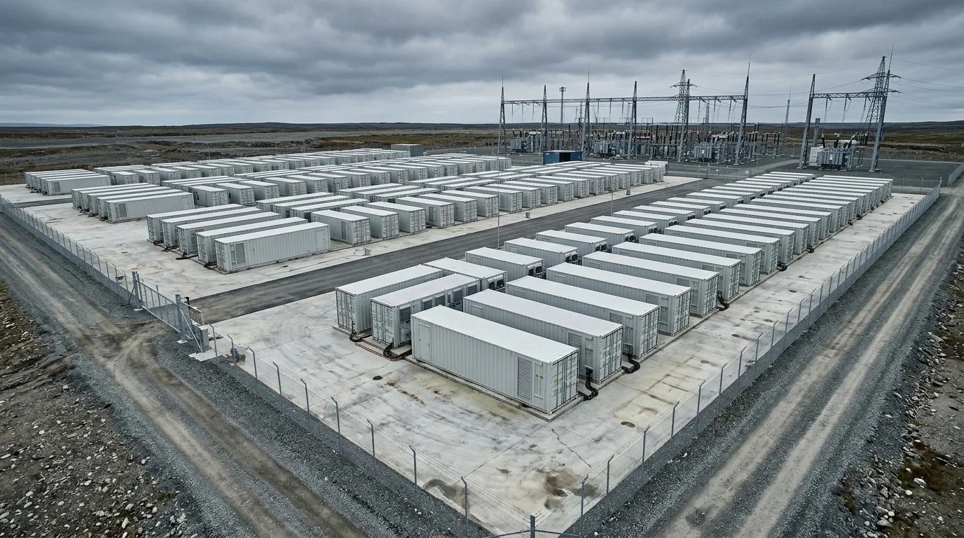 Stor batterilager-park med kontainere og transformerstation i overskyet vejr