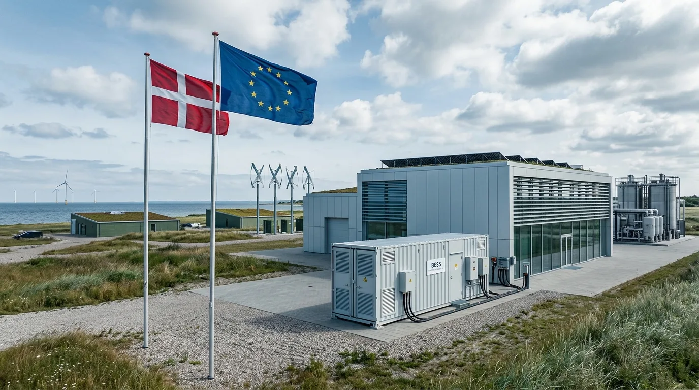 EU-flag og dansk flag foran batteri-container ved industribygning