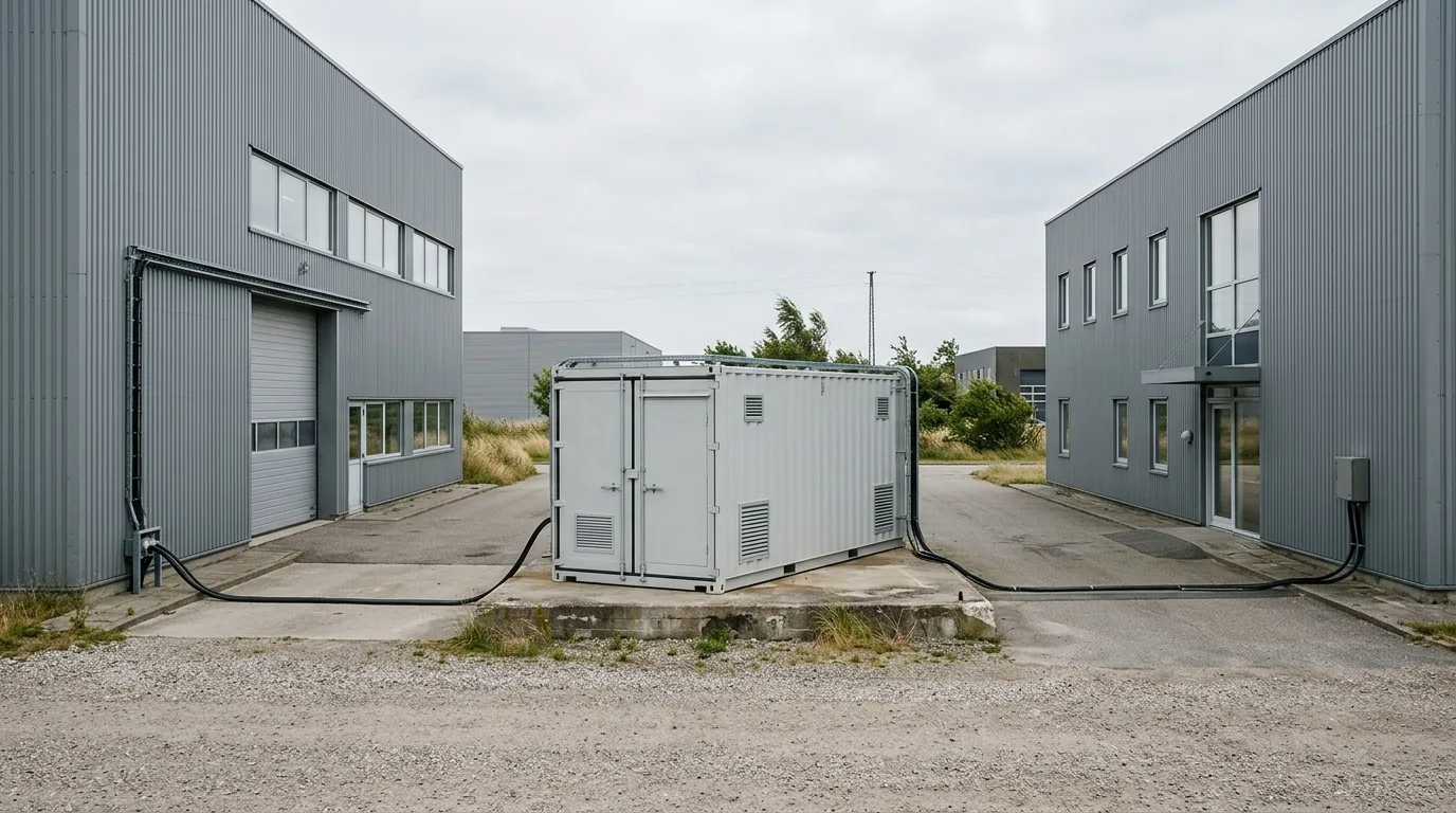 Fælles batteri-container på dansk erhvervspark mellem to virksomhedsbygninger