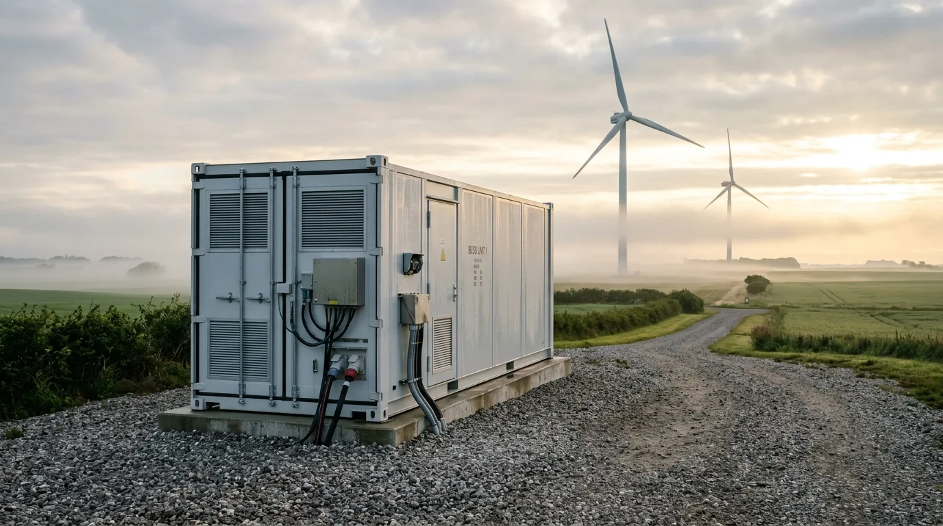 Kontainer med batterilager foran dansk vindmøllepark i tidlig morgendis