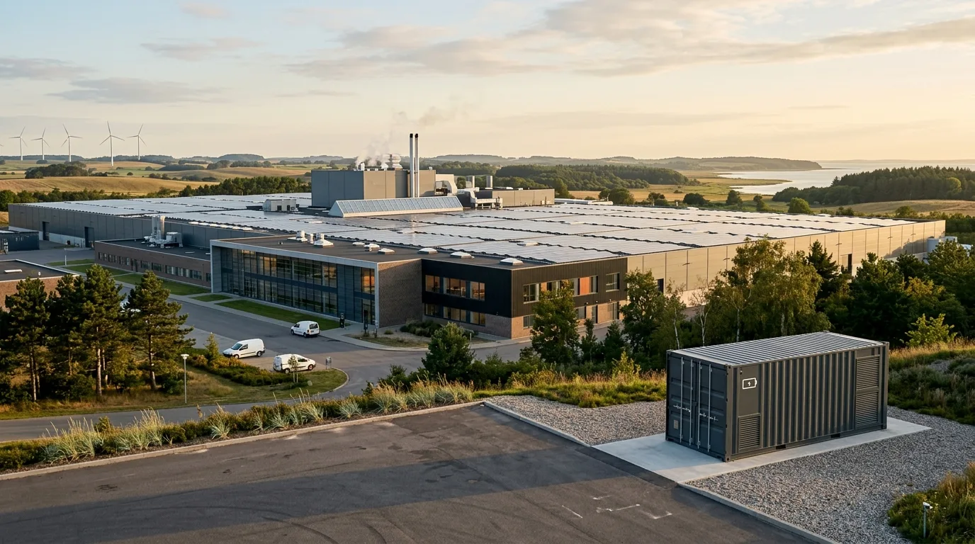 Industriområde med solceller, batterilager og produktionshal i overgangslys