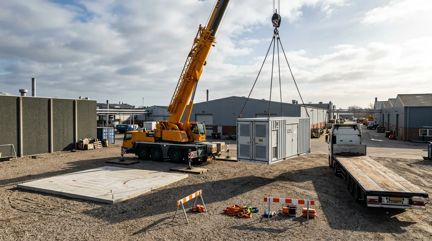 Kraftig mobilkran løfter batteri-container fra fundament til ventende lastbil