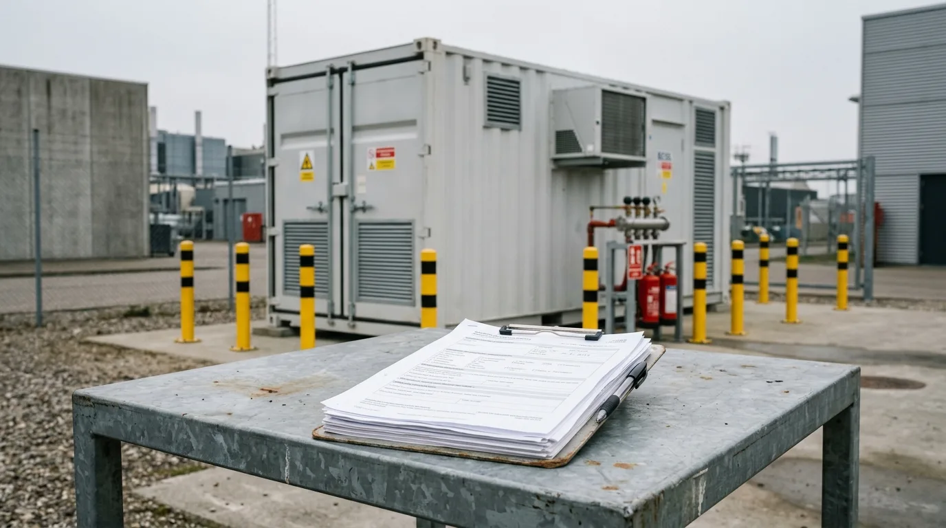 Forsikringsdokumenter ved siden af batteri-container på industriområde