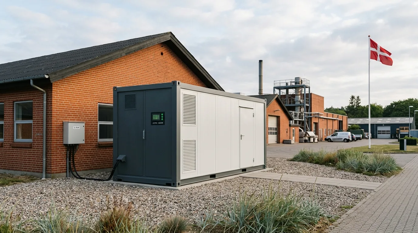 Container med batterilager udenfor dansk produktionsvirksomhed i tidlig morgen
