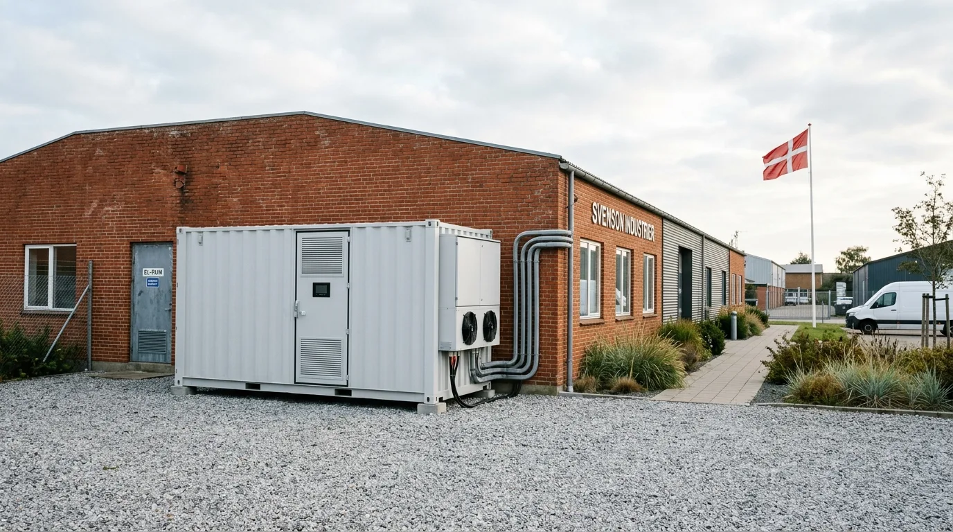 Erhvervsbatteri-container ved dansk industribygning i tidlig morgen