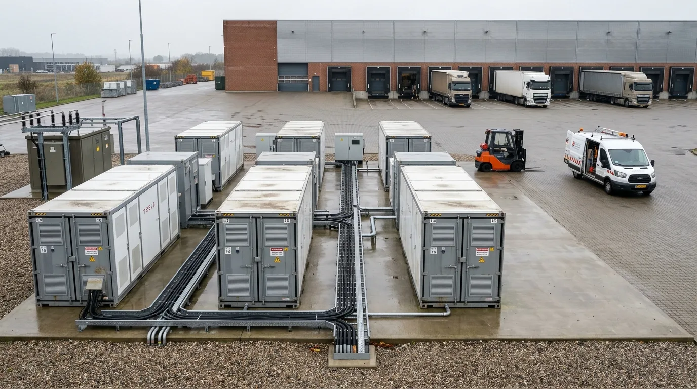 Modulært batteri-anlæg med flere parallelle containere ved dansk distributionscenter