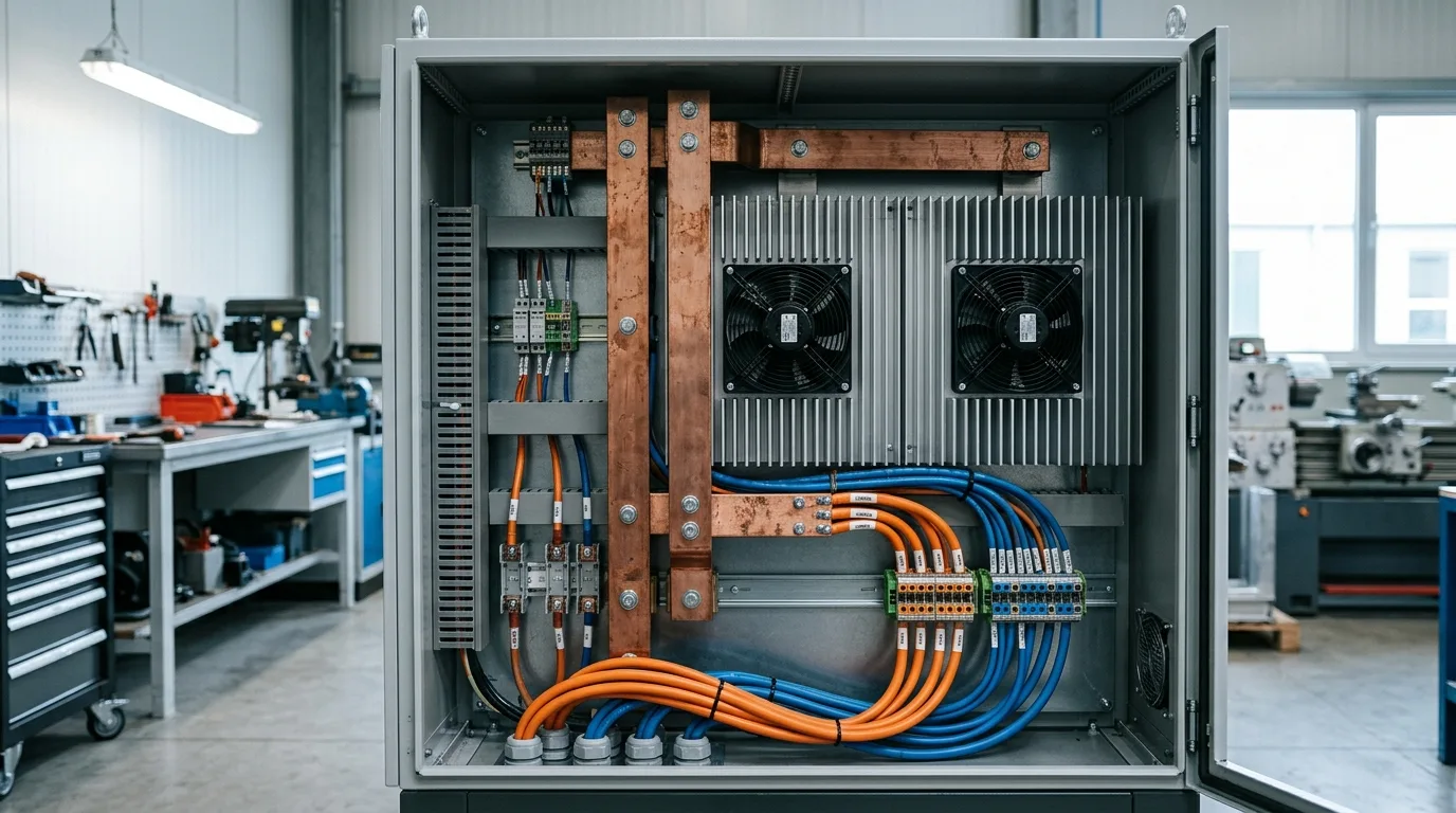 Bagsiden af industriel inverter-skab med strømskinner og kølefinner