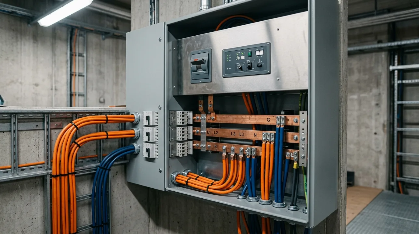 Hovedtavle med automatisk transferswitch der kobler imellem net og batteri