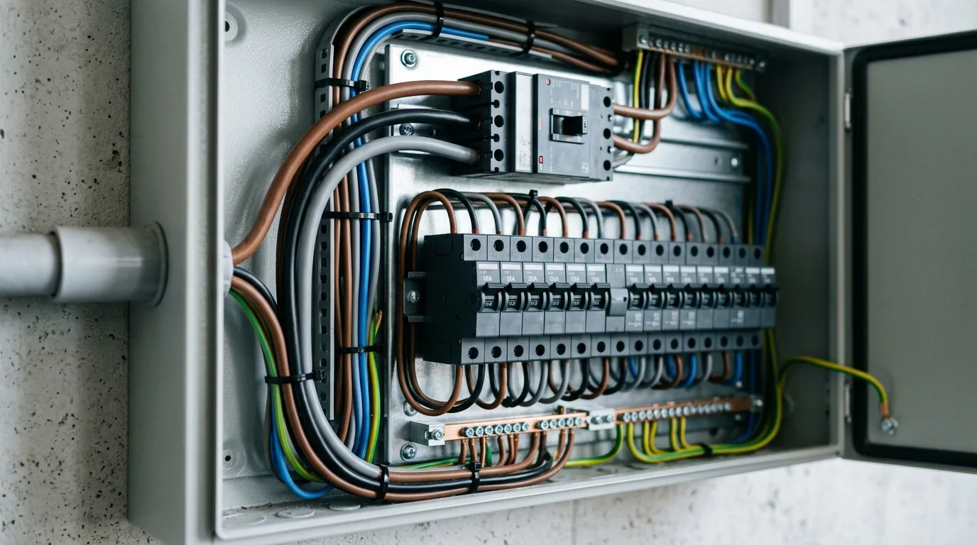 Elektrisk tavle med trefaset tilslutning og ladestander-kabel i dansk parcelhus