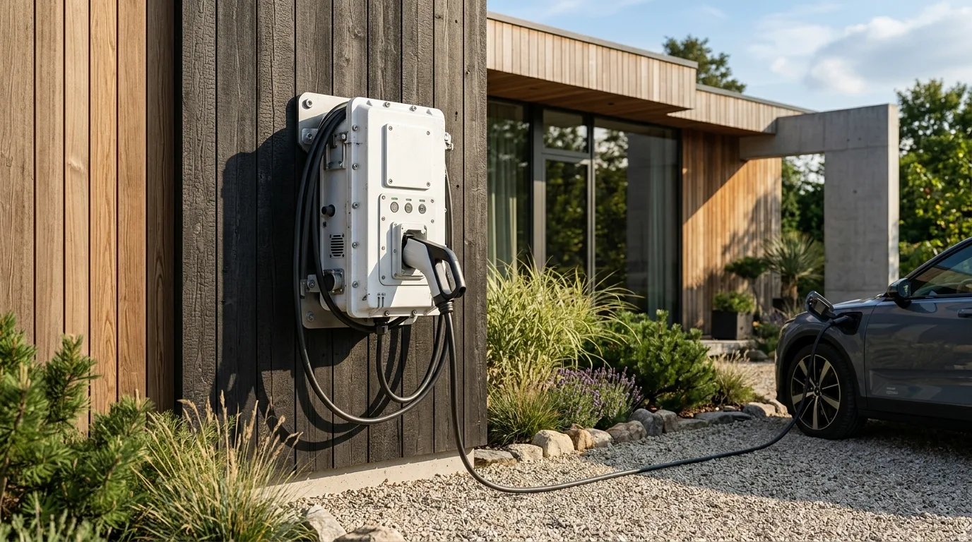Grå ABB Terra AC ladestander ved moderne boligkompleks i skandinavisk stil