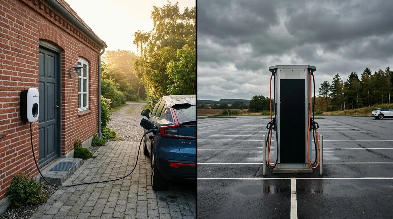 Elbil tilsluttet hjemmeladestander med AC vekselstrøm i carport ved dansk parcelhus