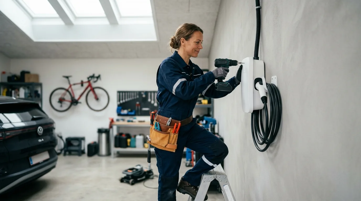 Autoriseret elinstallatør installerer ladestander på væggen i en dansk garage