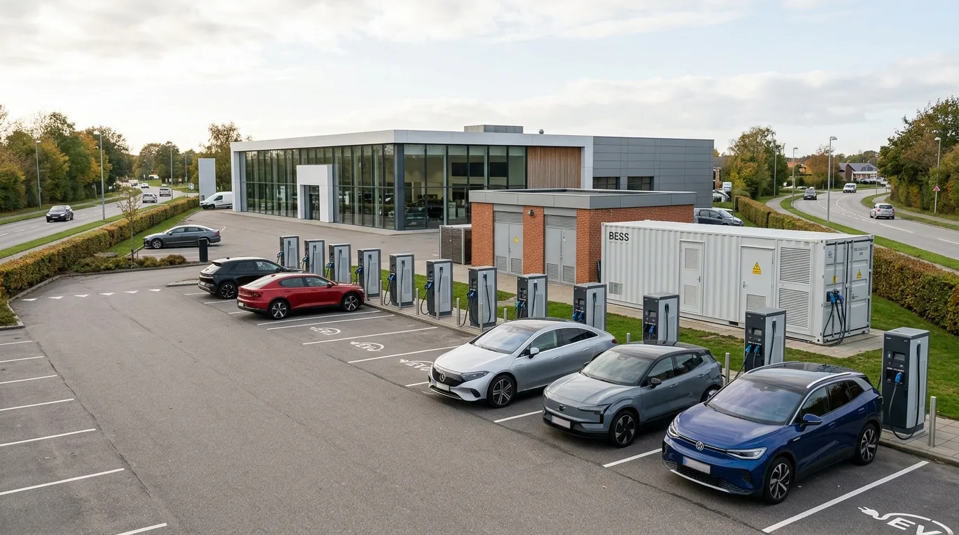 Stor ladestander-park ved bilforhandler med batteri-container i baggrunden