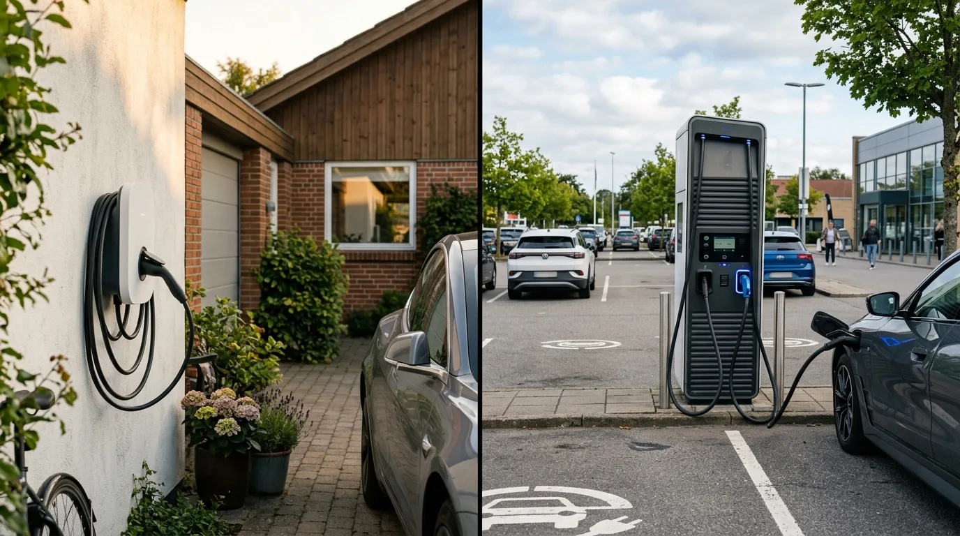 Ladestander på husmur ved dansk parcelhus: abonnement eller egen ladestander