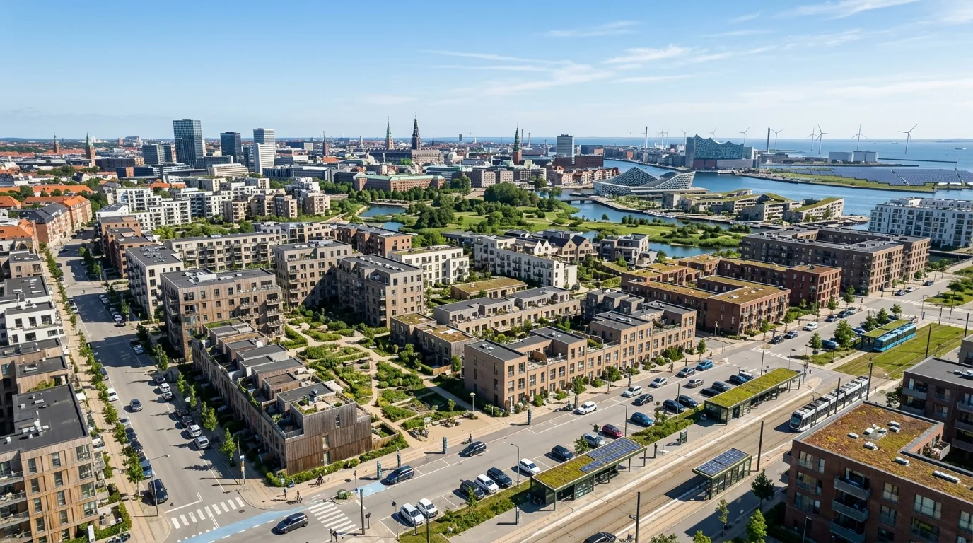 Dansk motorvej med elbiler og ladestandere ved rasteplads i solskin