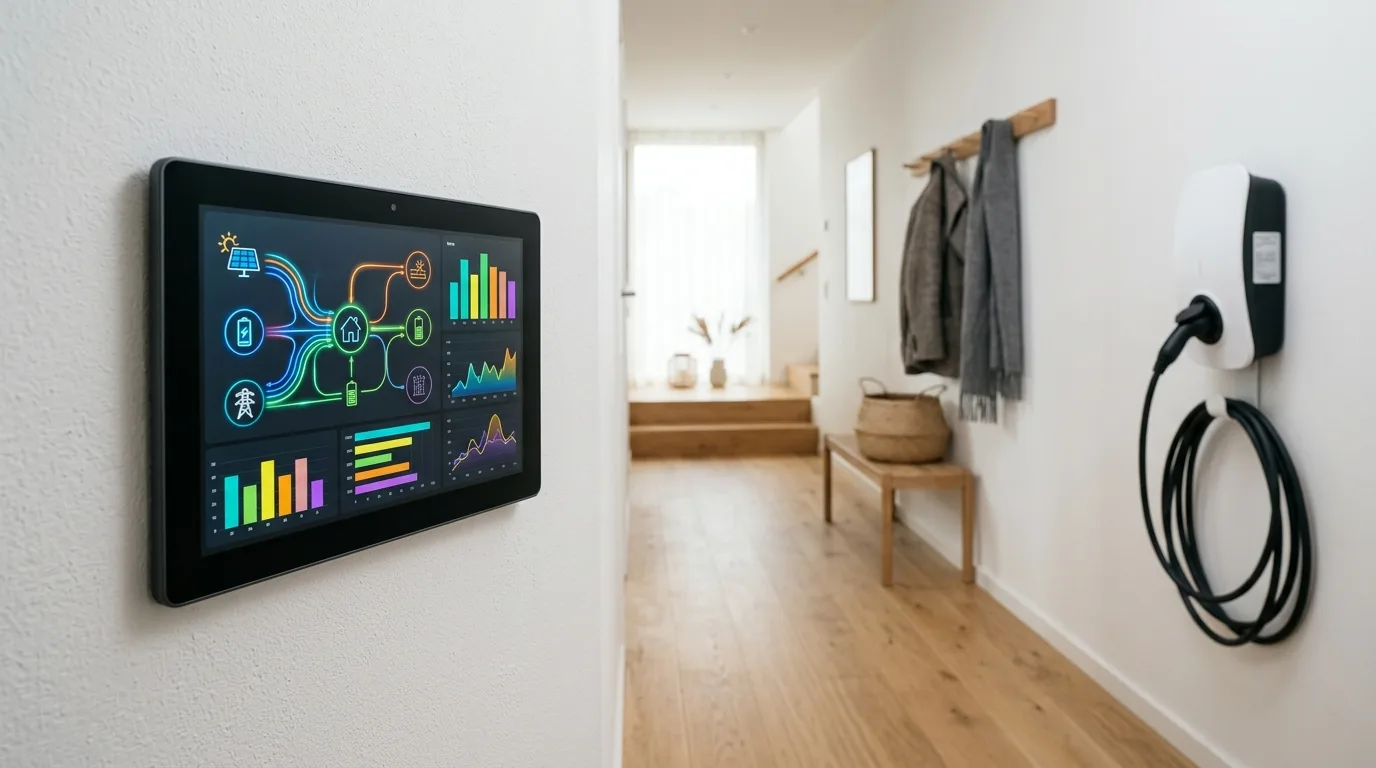 Smart home display med ladestander energy management dashboard og elforbrugsgraf