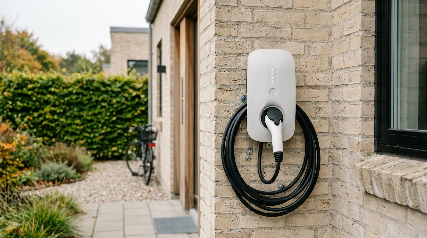 Hvid Easee Charge ladestander monteret på teglmur i dansk carport