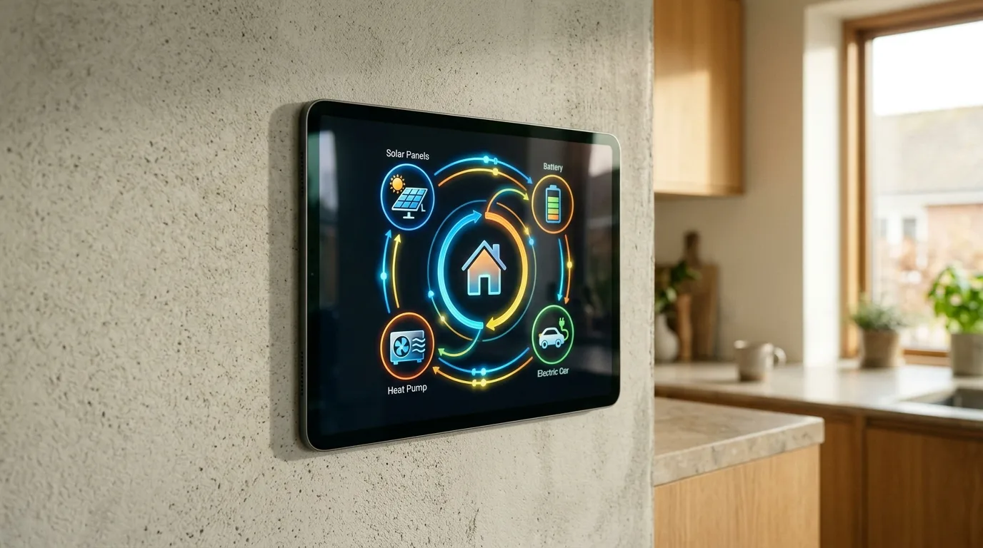 Dashboard på tablet der viser EMS-energiflow mellem solceller, batteri, varmepumpe og elbil i dansk parcelhus