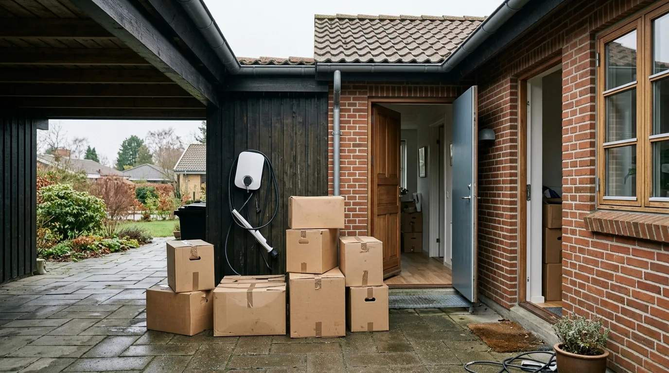 Flyttekasse og elbil foran hus til salg med ladestander synlig på carport
